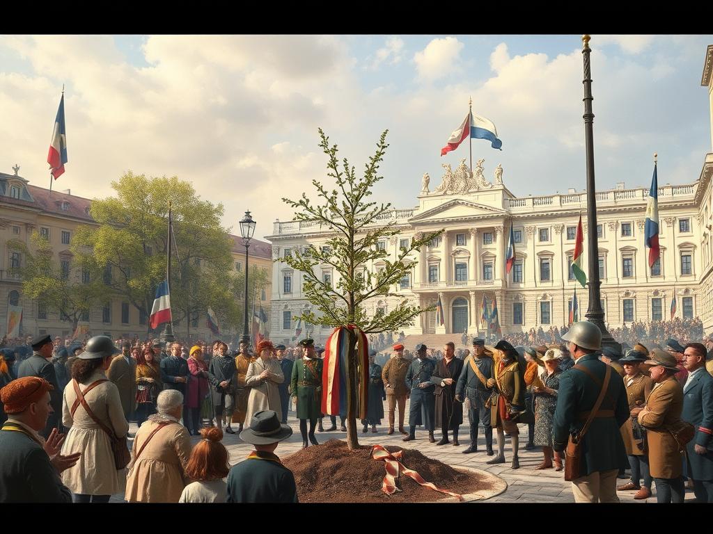 A tree of liberty being planted in a conquered European city, symbolizing the spread of revolutionary ideals