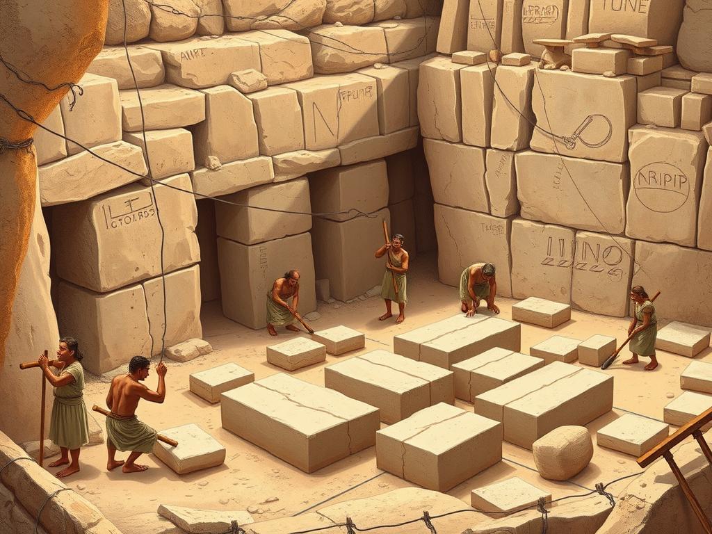 Ancient Egyptian quarrying techniques showing workers using copper chisels and wooden wedges to extract limestone blocks