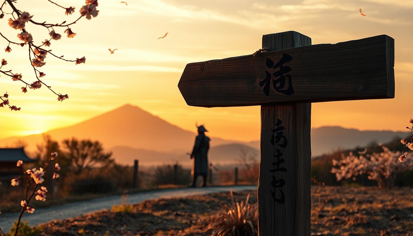 A serene, traditional Japanese landscape at dusk. In the foreground, a weathered wooden signpost with the calligraphic characters for &quot;Bushido&quot; artfully carved into its surface. Delicate cherry blossom petals swirl in the gentle breeze, casting soft shadows. In the middle ground, a lone samurai warrior stands with perfect posture, sword sheathed at his side, contemplating the meaning of the Bushido code - honor, loyalty, martial arts mastery, and the acceptance of death. The background features a distant mountain range, its peaks silhouetted against a golden-hued sky tinged with shades of indigo. The overall mood is one of tranquility, reverence, and the timeless wisdom of the samurai way.
