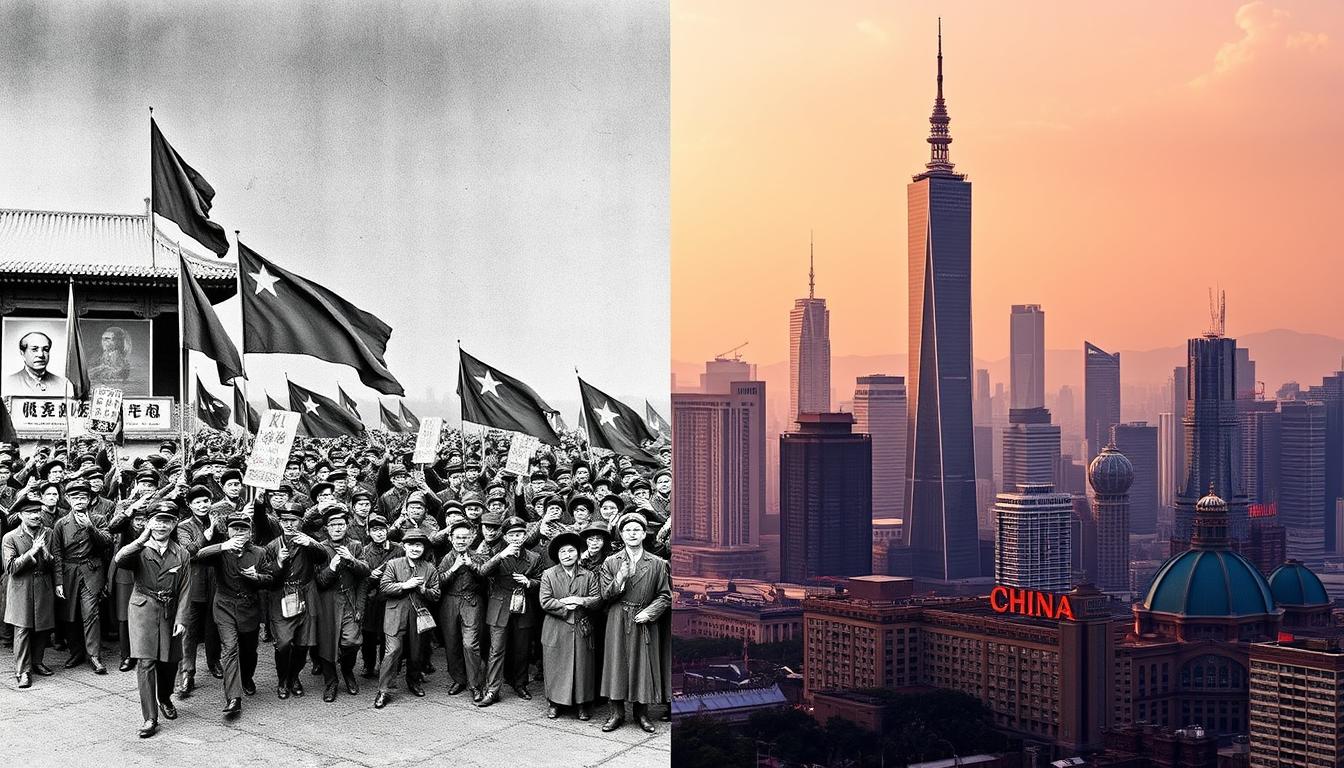 Modern China skyline contrasting with Cultural Revolution imagery