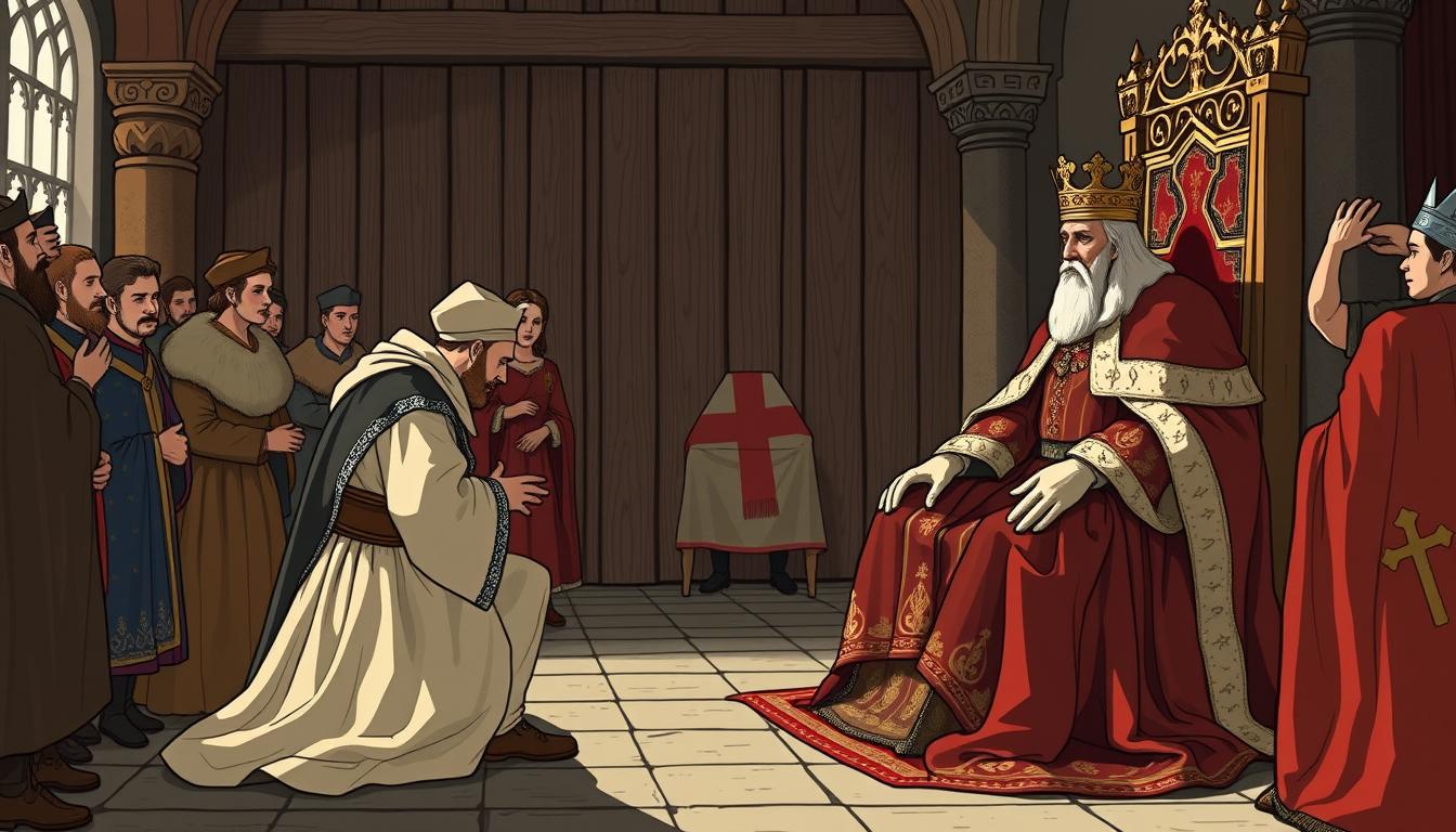 Illustration of an English king paying homage to the French king for his continental possessions