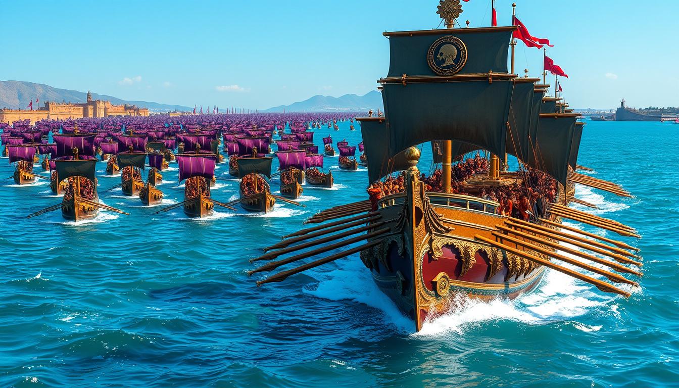 A vast Carthaginian fleet dominates the shimmering azure Mediterranean, its sleek, bronze-armored triremes surging forward with oars in perfect synchrony. In the foreground, the lead vessel's towering superstructure casts an imposing shadow, its ornate prow adorned with intricate carvings and the iconic Punic symbol. The middle ground teems with a formidable armada, their billowing purple sails and gleaming hulls reflecting the brilliant sunlight. In the distance, the silhouettes of distant landmasses and fortress walls suggest the reach of Carthaginian naval power, poised to exert its influence across the known world. The scene evokes a sense of might, precision, and unwavering determination - the hallmarks of the maritime supremacy that propelled Carthage's rise as Rome's greatest rival.