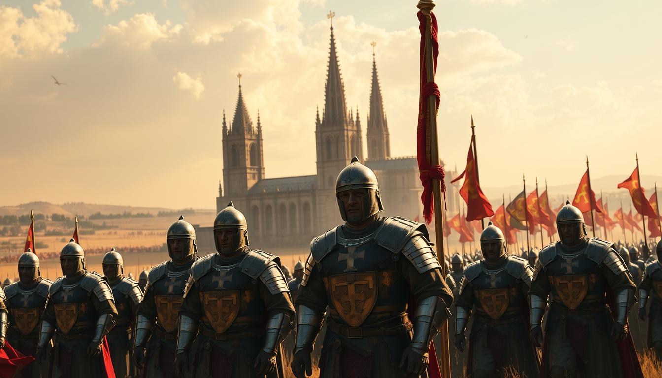 A vast medieval landscape, bathed in warm, golden light. In the foreground, a group of armored crusaders stand resolute, their faces etched with a mix of fervent devotion and strategic calculation. Their surcoats and standards bear the iconic cross, symbolizing their sacred mission. In the middle ground, a grand cathedral stands tall, its towering spires reaching for the heavens, a testament to the spiritual convictions driving the crusade. Behind them, the horizon is dotted with the silhouettes of marching armies, their banners fluttering in the wind, hinting at the complex political ambitions that entwine with the religious zeal. The scene conveys the duality of the crusades - a clash of faith and power, a blend of righteous purpose and earthly desires.