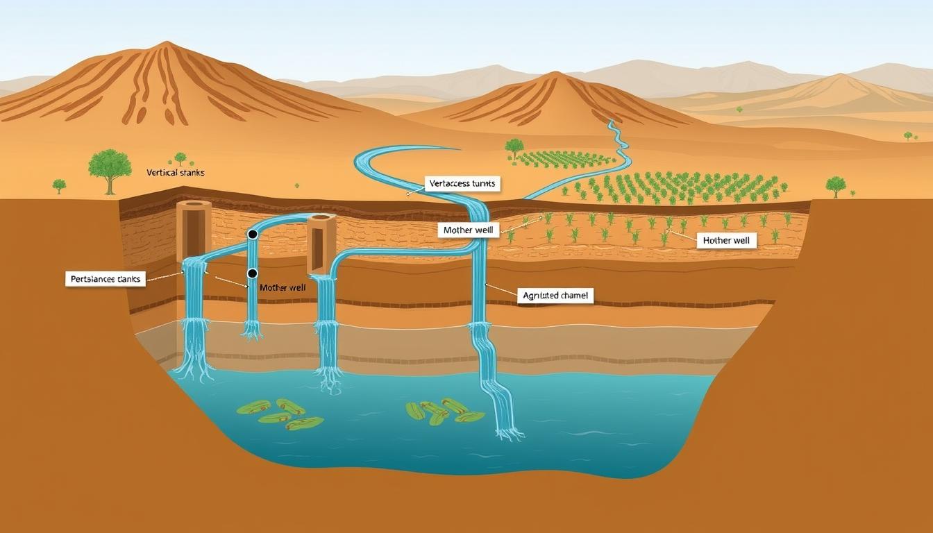 Cross-section diagram of a Persian qanat irrigation system showing underground water channels
