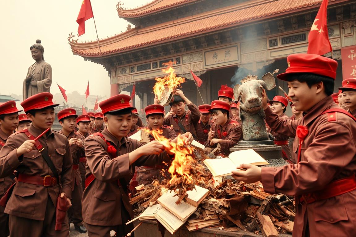 Red Guards destroying cultural artifacts during the Cultural Revolution in China