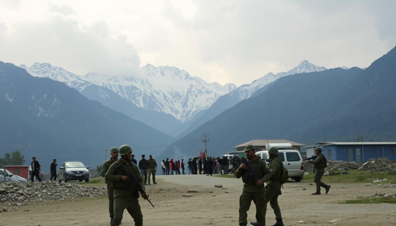 A mountainous landscape in Kashmir, with the towering Himalayas in the background. In the foreground, a group of armed soldiers engage in a tense standoff, their weapons drawn. The sky is overcast, casting a somber, foreboding atmosphere. In the middle ground, civilians huddle in the streets, caught in the crossfire between the opposing forces. The scene conveys the long-standing conflict that has shaped the region, a complex interplay of geopolitics, nationalism, and human suffering.