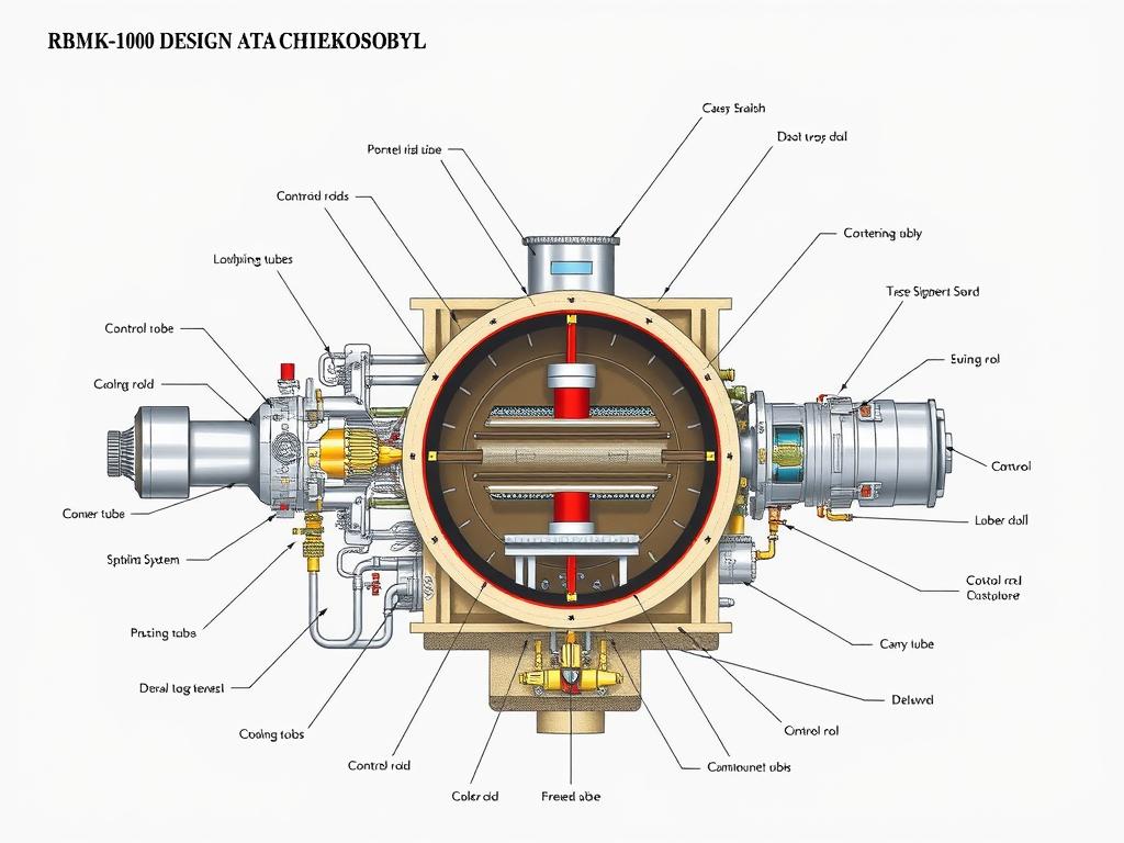 Diagram showing the RBMK-1000 reactor design with key components labeled
