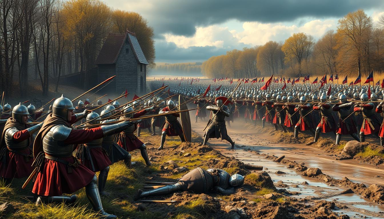 English longbowmen at the Battle of Agincourt firing at French knights struggling in the mud