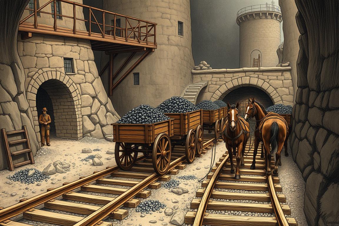 Early horse-drawn mining railway with wooden rails transporting coal