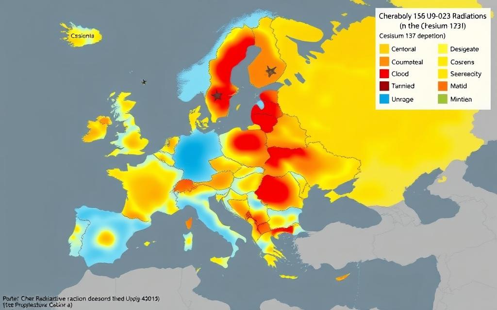 Map showing the spread of radioactive contamination across Europe following the Chernobyl disaster