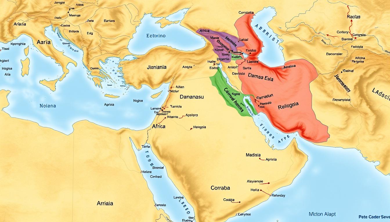 Map showing the extent of Islamic Conquests from Arabia to Spain and Central Asia
