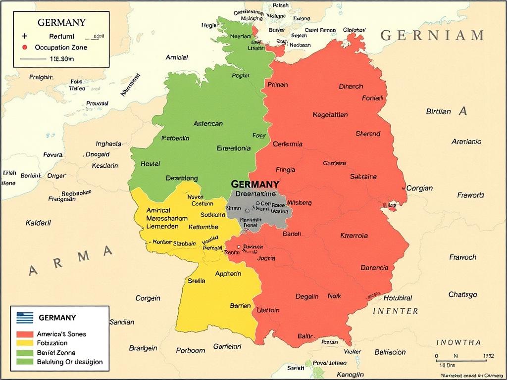 Map showing the division of Germany into four occupation zones after World War II during the Berlin Blockade 1948-1949 era