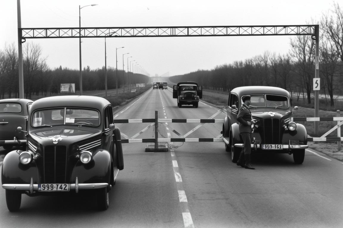 Soviet checkpoint blocking road access to Berlin during the Berlin Blockade 1948-1949