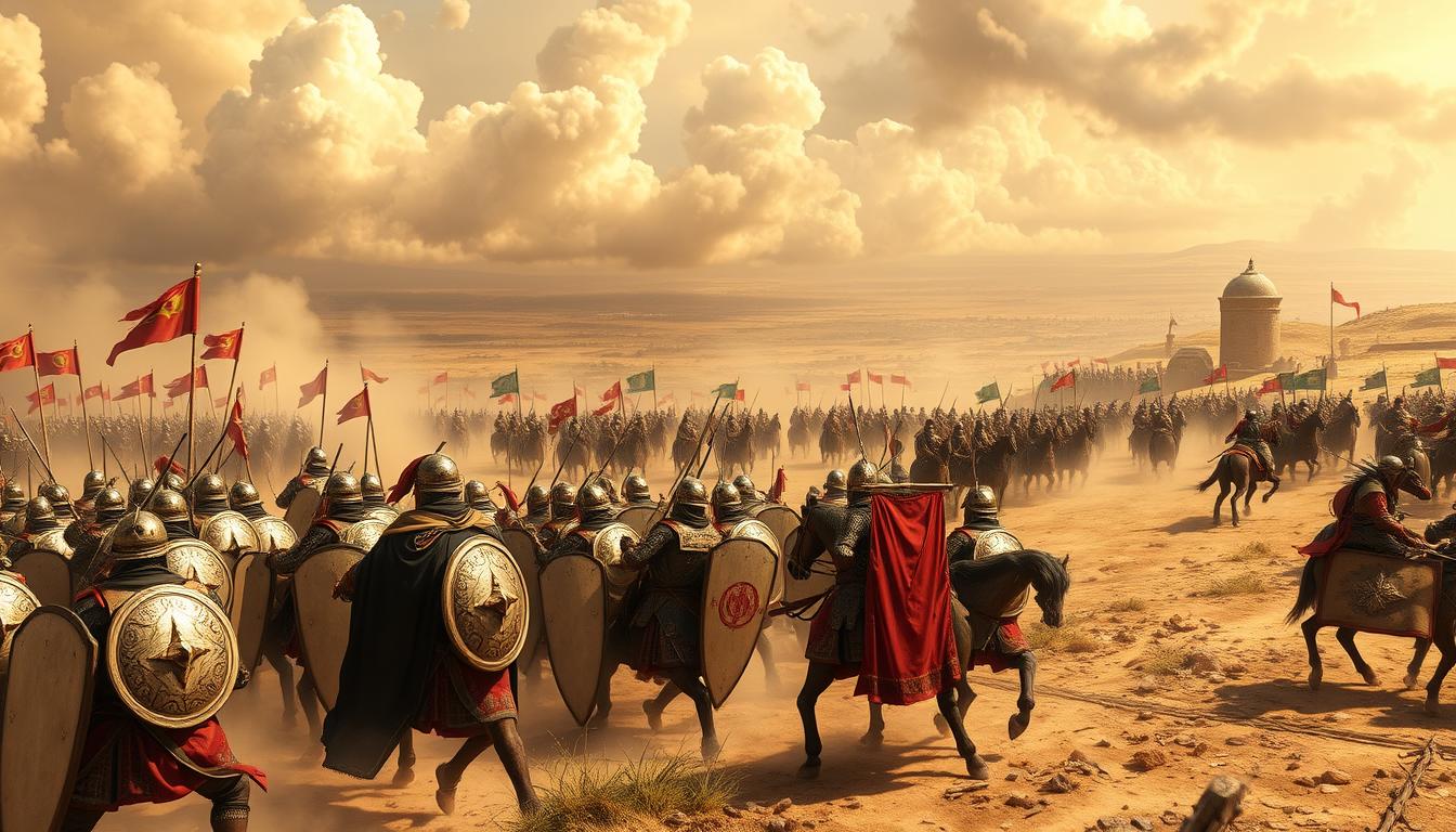 Battle of Yarmouk illustration showing Byzantine and Muslim armies