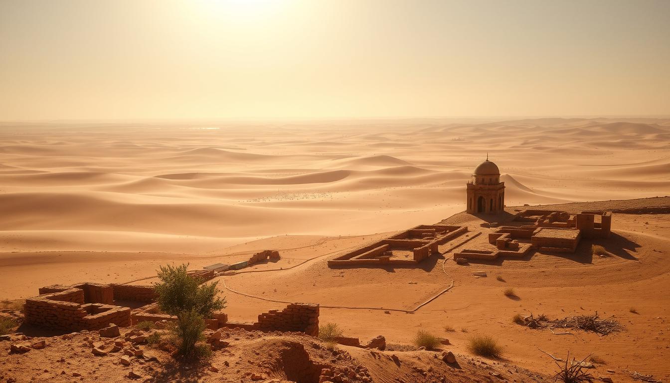 A desolate, sun-baked landscape of the Sahara Desert, once lush and vibrant, now reduced to a barren, windswept expanse. In the foreground, ancient ruins of a long-forgotten civilization, crumbling under the relentless march of time and the ravages of a changing climate. Sparse vegetation clings to life, a testament to the resilience of nature amidst the encroaching sands. The middle ground reveals a hazy, mirage-like horizon, where the scorching sun beats down mercilessly, casting long shadows that dance across the dunes. In the distance, the faint silhouettes of once-towering structures, now reduced to mere shadows, a haunting reminder of the fragility of human civilization in the face of environmental upheaval. The scene is imbued with a sense of melancholy and a somber reflection on the consequences of our actions, a cautionary tale of the Sahara's lost kingdoms and the impact of climate change on the world's most arid regions.