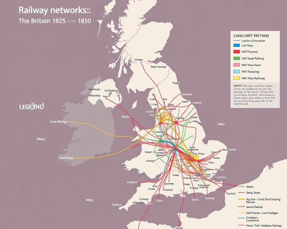 Map showing the growth of railway networks across Britain from 1825 to 1850