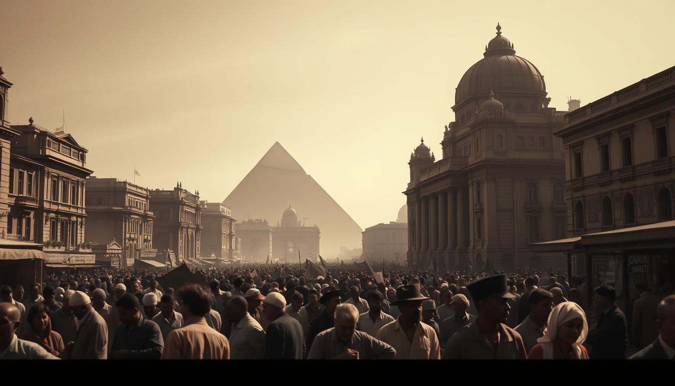 A bustling Egyptian city in the late 19th century, financial crisis looming over the streets. In the foreground, weary citizens haggle at a crowded marketplace, the air thick with tension. In the middle ground, grand colonial-style buildings cast long shadows, their ornate facades reflecting the country's European influences. The background is dominated by the iconic silhouette of the Pyramids of Giza, a testament to Egypt's ancient past, now overshadowed by the encroaching financial turmoil. Dramatic, low-angle lighting accentuates the imposing scale of the architecture and the gravity of the situation. An uneasy, sepia-toned atmosphere pervades the scene, hinting at the impending British occupation.