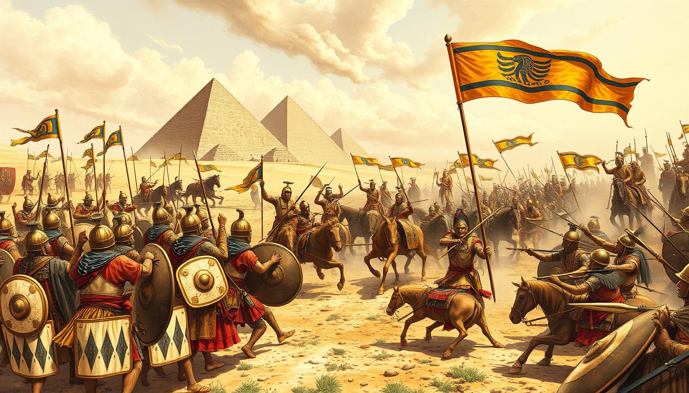 Assyrian and Egyptian forces in battle with distinctive military equipment and formations