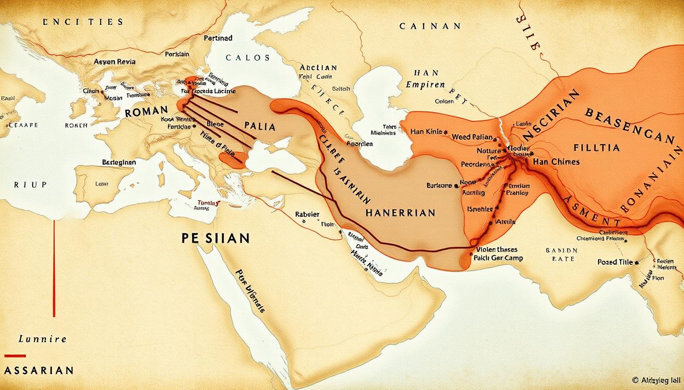 Map showing the territories of major ancient empires during periods of conflict