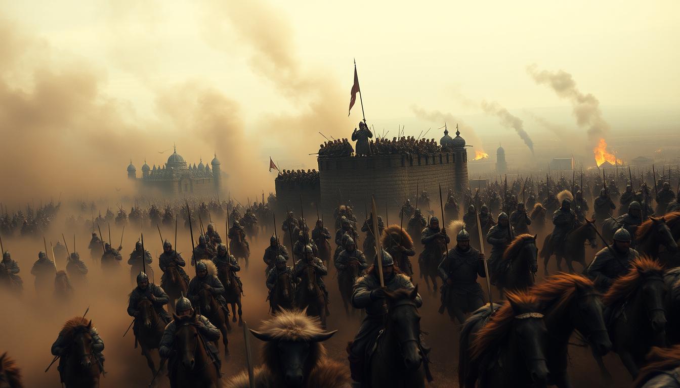 A vast Mongol horde thunders across the Rus' plains, their leader Batu Khan at the fore. In the foreground, armored Mongol cavalry charge headlong, swords and spears flashing. Billowing dust clouds obscure the horizon as the invaders swarm forward. In the middle ground, Rus' defenders cling to ramparts, arrows raining down. The sky is heavy with smoke, the sun a pale orb. In the background, villages burn, the flames casting an ominous glow. Cinematic lighting accentuates the drama, a wide-angle lens capturing the scale of the assault. An atmosphere of dread and desperation permeates the scene, the Mongol onslaught overwhelming the outmatched Rus'.