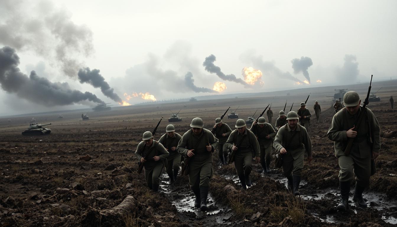 A sweeping landscape of war-torn European fields, thick with billowing smoke and the crackle of artillery fire. In the foreground, a line of weary soldiers in drab uniforms trudge through the mud, rifles in hand, their faces etched with the exhaustion of combat. Towering in the distance, the silhouettes of armored tanks and the flashes of explosions punctuate the grim scene. The sky is a muted, brooding gray, casting an ominous pall over the entire tableau. The viewer is immersed in the harsh realities of World War I, a pivotal moment in the history of the British occupation of Egypt.