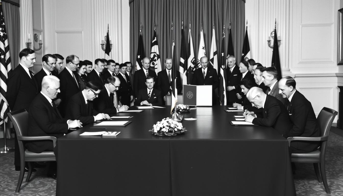 Signing of the North Atlantic Treaty establishing NATO during the Berlin Blockade 1948-1949 period