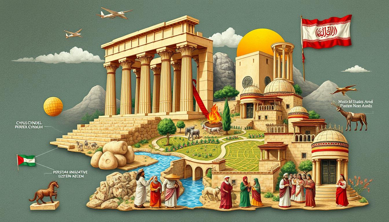 Collage of Persian civilization legacy showing architecture, art, science and cultural elements that continue to influence modern world