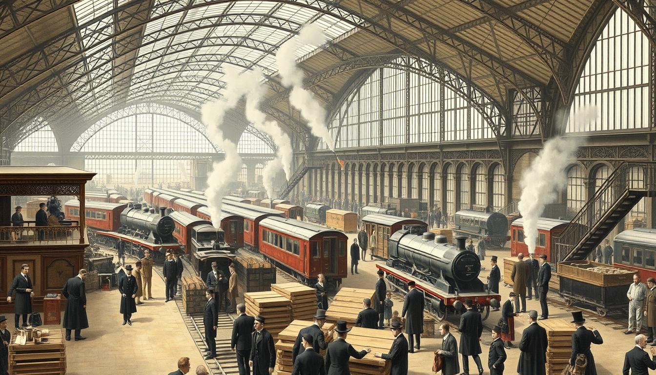 Busy railway station in the Victorian era showing economic activity and passenger travel