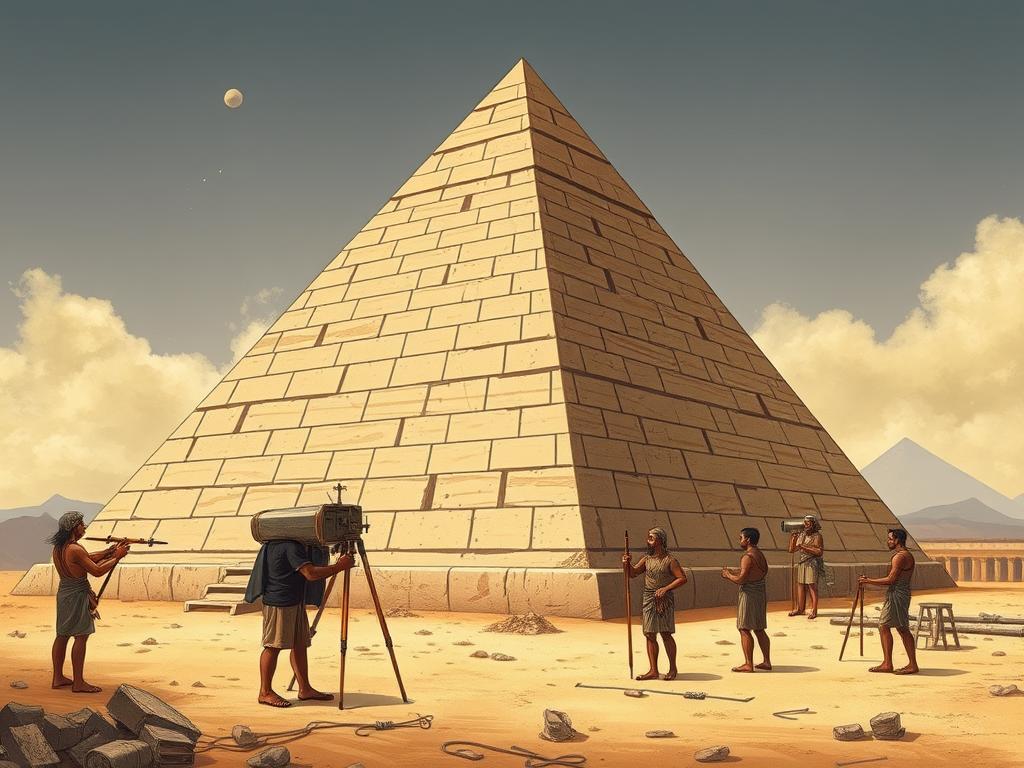 Ancient Egyptian surveyors using plumb bobs and sighting tools to achieve precise alignment in pyramid construction