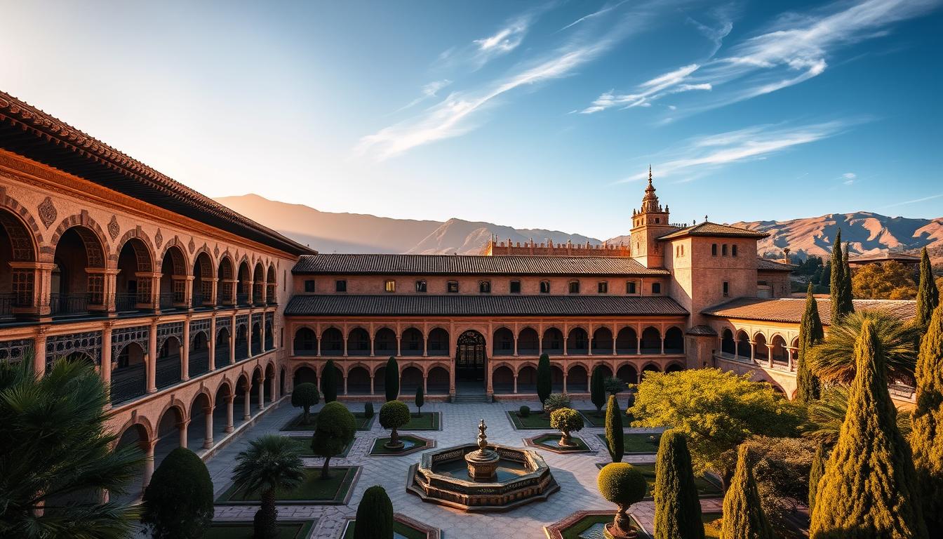 A grandiose Moorish palace set against the dramatic backdrop of the Sierra Nevada mountains, the Alhambra stands as a majestic testament to the cultural brilliance of Nasrid Granada. Captivating arches, intricate tile work, and lush gardens create an atmosphere of opulent tranquility. Warm, golden light filters through ornate latticework, casting intricate shadows that dance across the serene courtyards. Towering red-tiled roofs and delicate minarets pierce the azure sky, while the imposing Alcazaba fortress looms protectively over the splendid architectural marvel below. This enduring monument to Islamic artistry and engineering serves as a poignant reminder of the Iberian Peninsula's rich multicultural legacy.