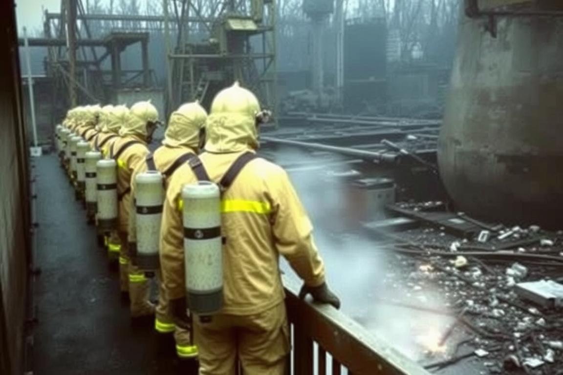 Firefighters and emergency workers responding to the Chernobyl disaster in protective gear
