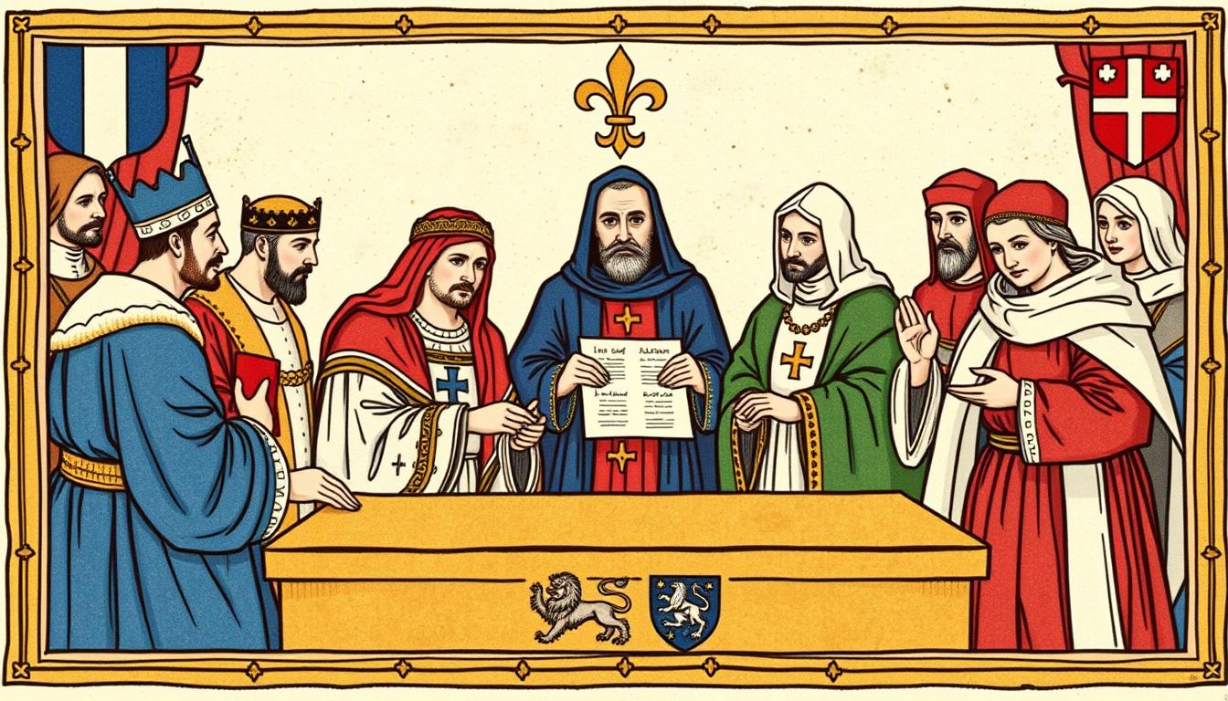 Medieval illustration depicting the signing of the Auld Alliance between France and Scotland