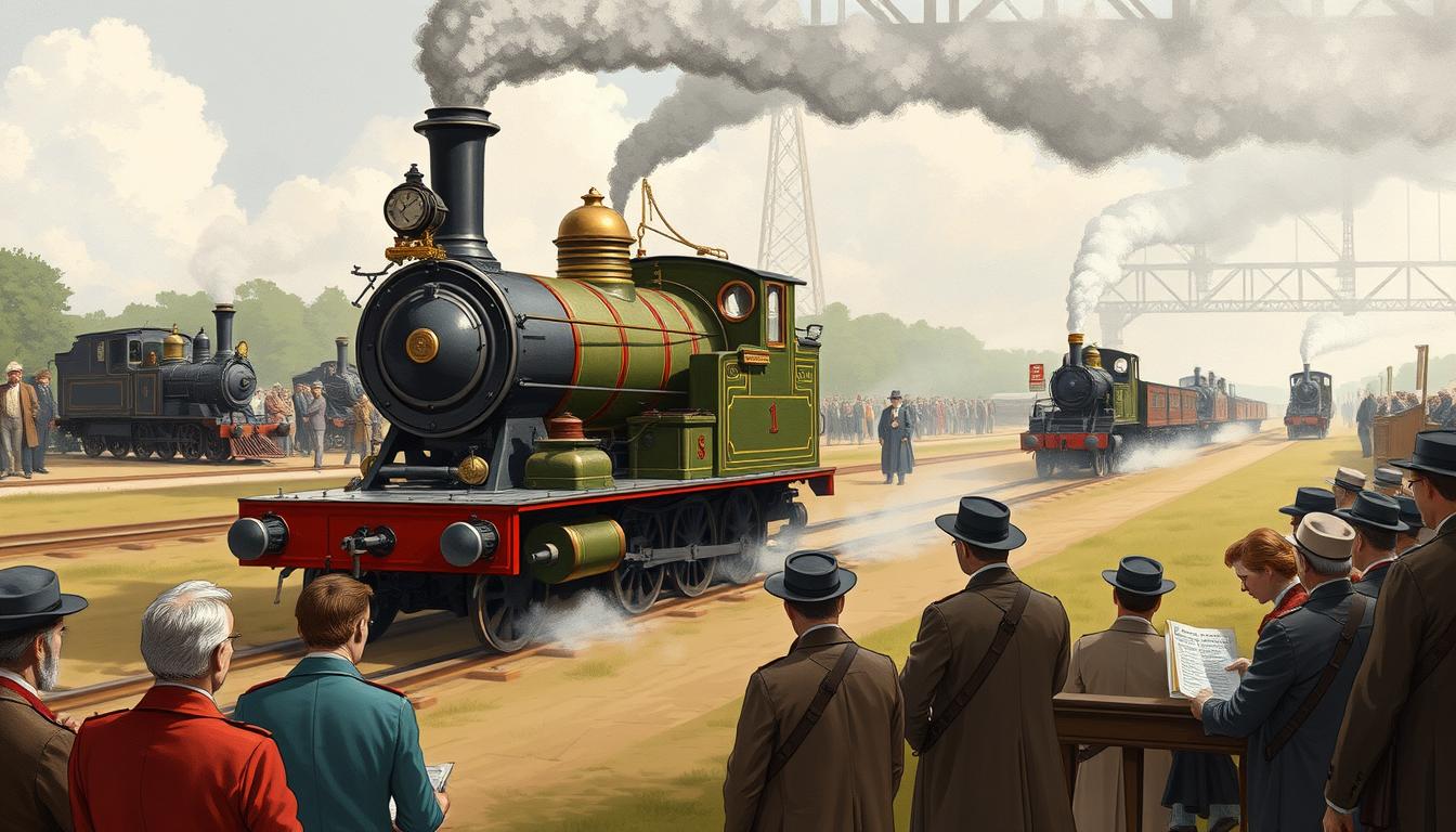 The Rocket locomotive at the Rainhill Trials in 1829, a pivotal event in railroad history