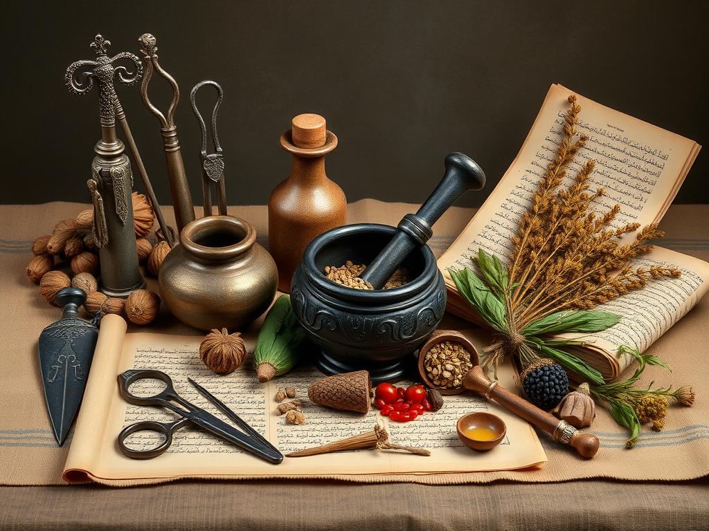 Ancient Persian medical instruments and herbal remedies showing advanced medical knowledge
