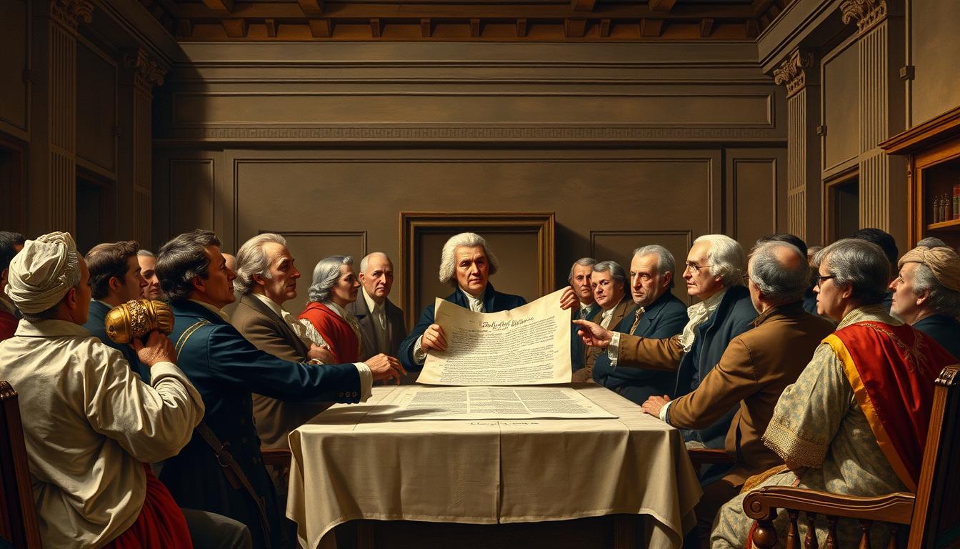 Painting depicting the signing of the Declaration of Independence with America's fight against British rule represented by the Founding Fathers gathered in Independence Hall