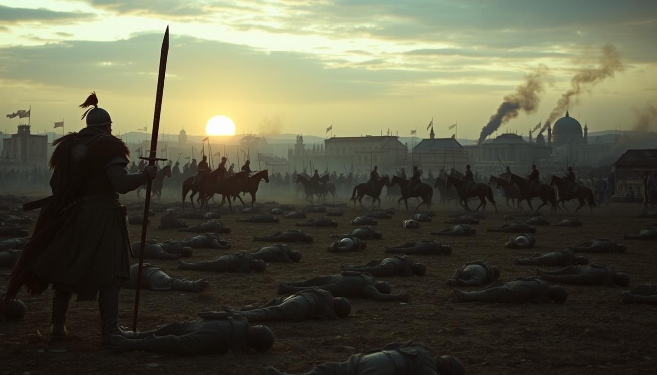 A desolate battlefield at dusk, the ground littered with the bodies of slain soldiers. In the foreground, a lone Mongol warrior stands amidst the carnage, his blood-stained sword held high. The middle ground is a scene of chaos, with Mongol cavalry charging through the chaos, their arrows raining down upon the fleeing civilians. In the background, a once-prosperous city lies in ruins, smoke billowing from the charred remains of buildings. The somber mood is emphasized by the muted tones of the setting sun, casting an eerie glow over the grim tableau. A haunting and powerful depiction of the Mongol massacres that terrorized the peoples of the medieval world.