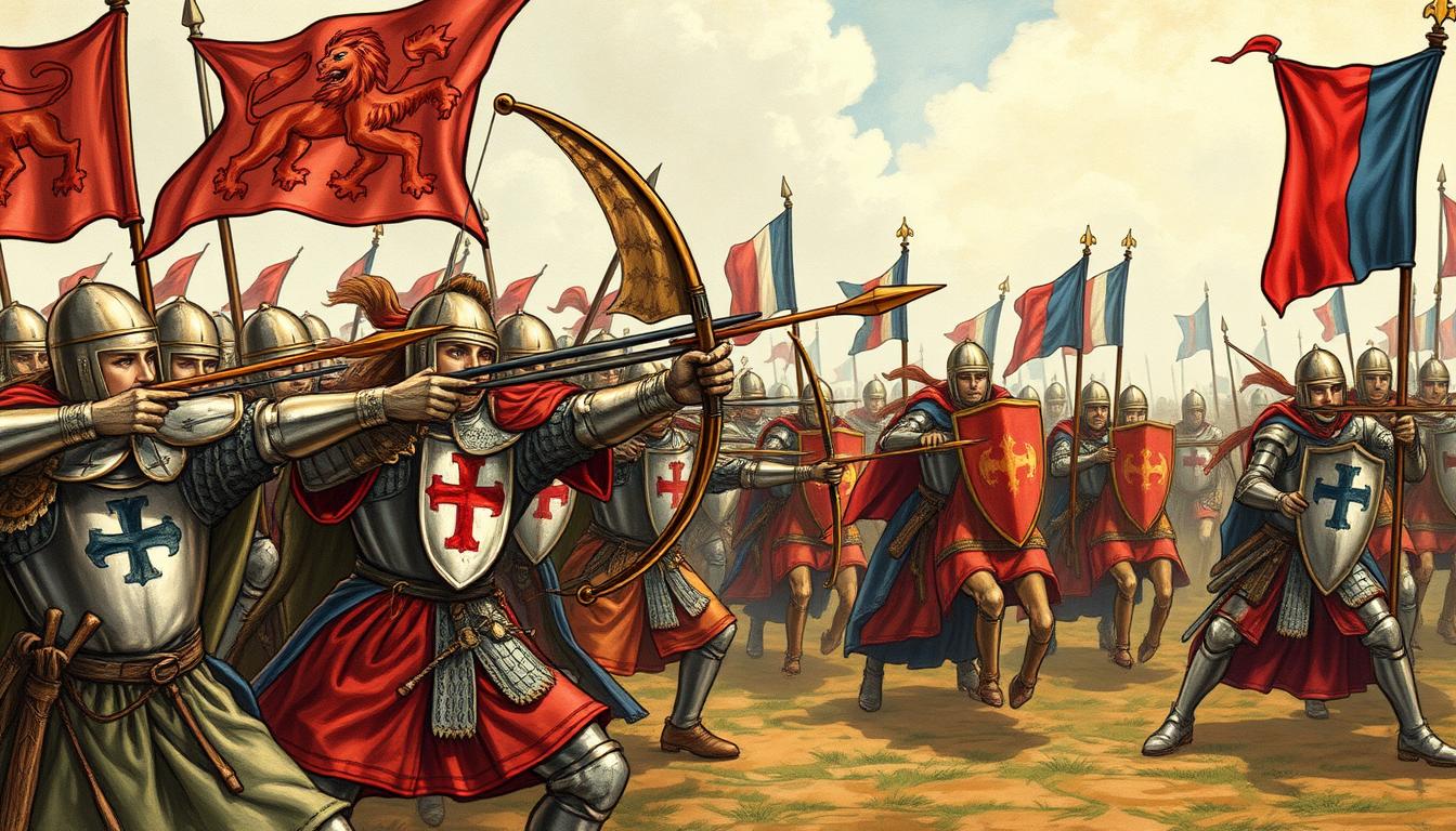 Medieval illustration depicting a battle scene from the Hundred Years' War showing English longbowmen and French knights