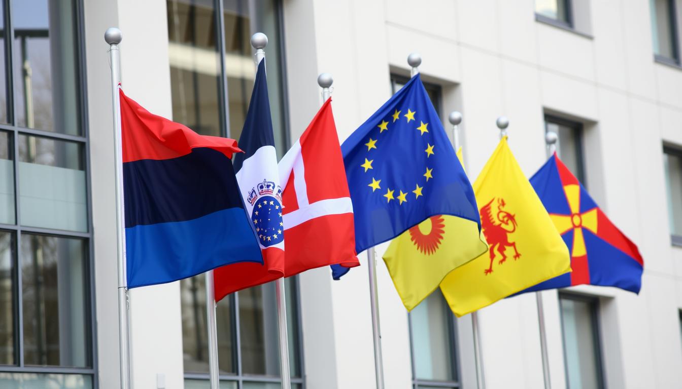 EU flag flying alongside flags of Balkan states, symbolizing the European integration process