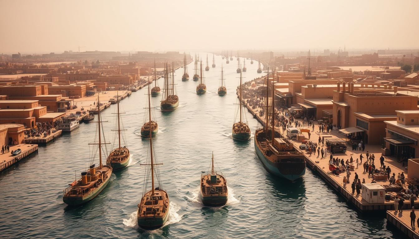 A vast expanse of water, the Suez Canal, bisects the frame, its surface reflecting the warm hues of the desert sun. In the foreground, a fleet of ships, their masts and hulls casting long shadows, navigate the narrow waterway. In the middle ground, the banks are lined with bustling activity - workers tending to the canal's operations, merchants selling their wares, and military personnel patrolling the area. The background is dominated by the ochre-hued buildings and structures of a nearby town, their architecture a testament to the region's rich history. The scene conveys a sense of strategic importance, as the Suez Canal, a vital global trade route, becomes the stage for a pivotal moment in Egypt's path to independence from British rule.