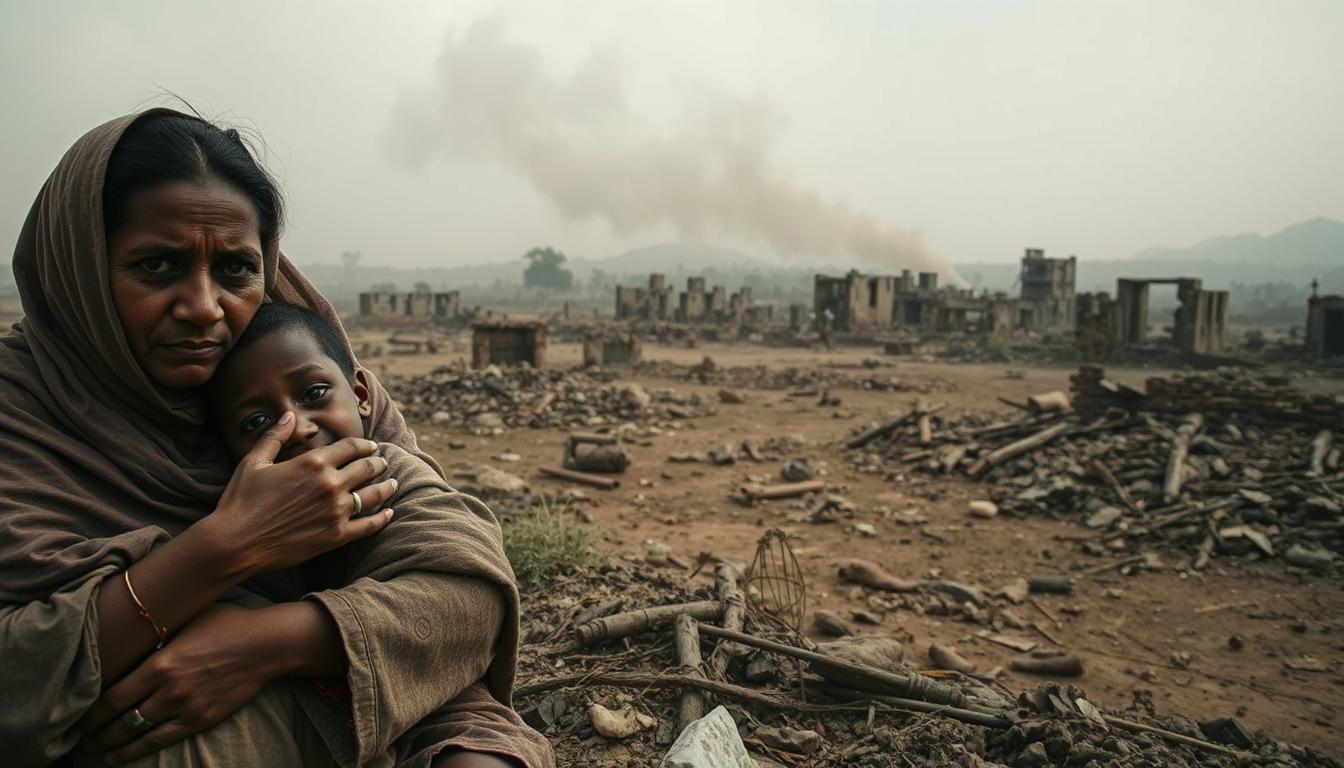 A desolate, war-torn landscape in the midst of French colonial occupation. In the foreground, a family huddled together, their faces etched with despair and resignation. A mother clutches her children, shielding them from the violence that surrounds them. In the middle ground, the ruins of a once-thriving village, its buildings reduced to rubble by artillery fire. In the background, a hazy, smoke-filled sky, a testament to the ongoing conflict. The scene is bathed in a somber, muted palette, conveying the weight of the human suffering. Captured through a wide-angle lens, the image presents a powerful and poignant representation of the devastating toll of colonization.