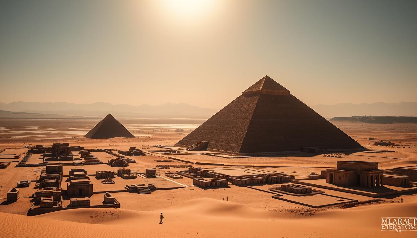 A vast expanse of desert, the sun's rays casting a warm glow over the ancient Nubian pyramids that stand resolute against the shifting sands. In the foreground, the iconic stepped monuments rise majestically, their smooth, weathered surfaces reflecting the golden light. Surrounding them, a sprawling necropolis of smaller tombs and temples, their intricate carvings and hieroglyphics hinting at the long-forgotten civilization that once thrived here. In the distance, the hazy silhouettes of towering mountains frame the scene, adding a sense of timeless grandeur. A wide-angle lens captures the full scope of this forgotten kingdom, the mood both serene and awe-inspiring, as if the very stones hold the secrets of a lost world.
