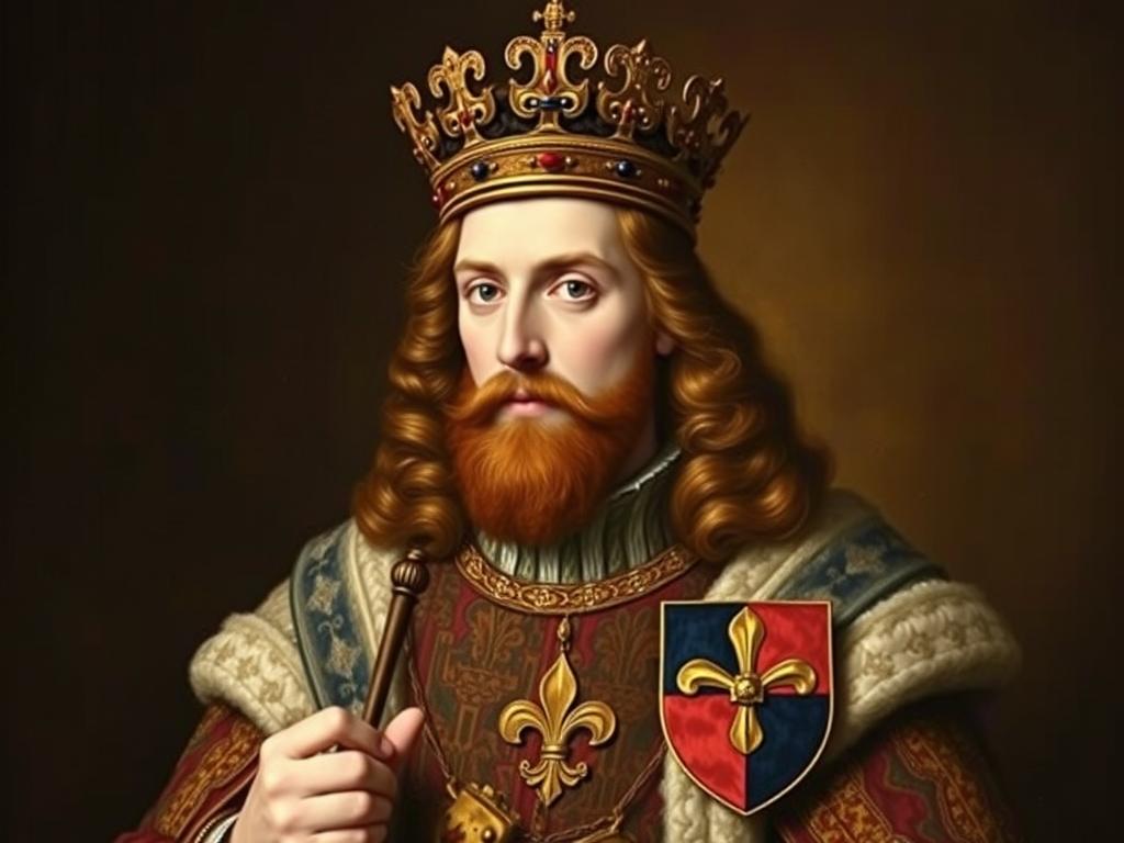 Portrait of Edward III of England in royal regalia with the coat of arms showing English lions and French fleur-de-lis