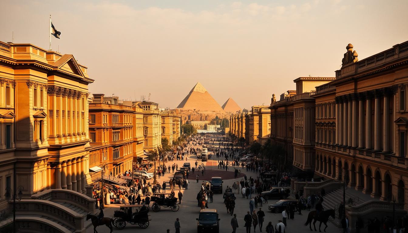 A majestic colonial cityscape in Cairo, Egypt, under the rule of the British Empire. In the foreground, stately government buildings with neoclassical architecture line the streets, their intricate facades casting long shadows in the warm afternoon light. In the middle ground, horse-drawn carriages and pedestrians in period attire bustle through the bustling marketplace, while in the background, the iconic silhouettes of the Pyramids of Giza stand tall against a hazy desert sky. The scene conveys a sense of imperial grandeur and the profound influence of British colonial power over the region, set against the timeless backdrop of ancient Egyptian landmarks.