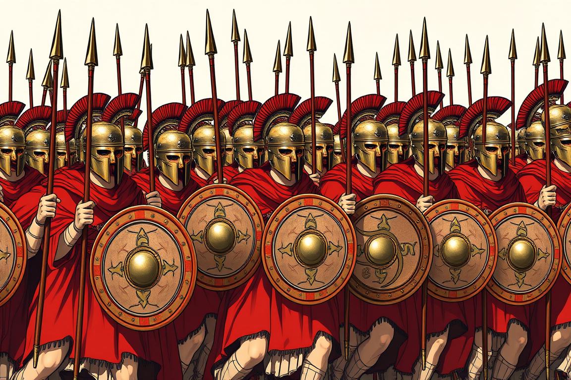 Spartan hoplite warriors in formation with shields and spears