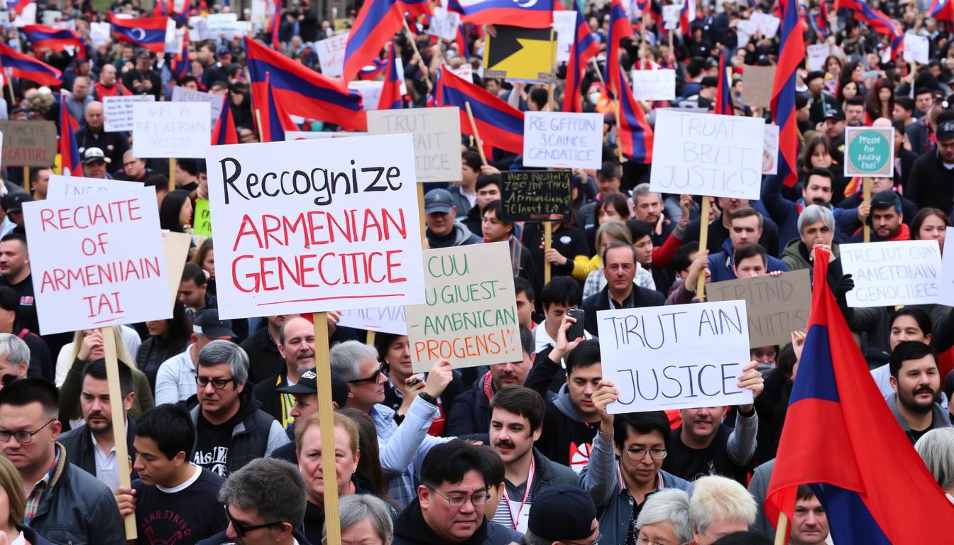 Armenian Genocide recognition protest with demonstrators holding signs