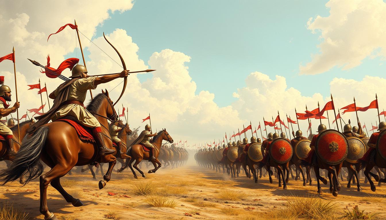 Illustration of Parthian horse archers using the 'Parthian shot' technique against Roman formations