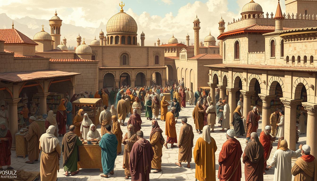 Early Islamic urban center showing diverse population and architecture