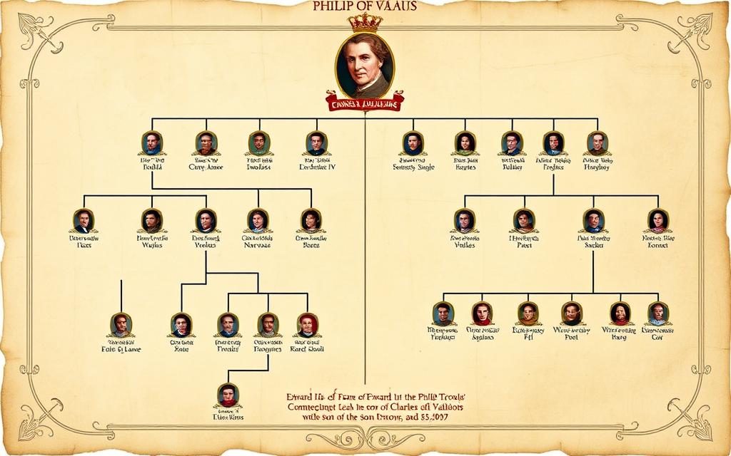 A genealogical tree showing the competing claims to the French throne between the Houses of Valois and Plantagenet