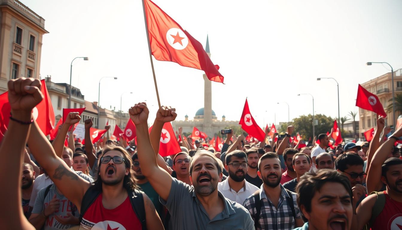 A crowd of Tunisian protesters passionately marching down a sun-drenched street, waving the Tunisian flag and chanting slogans for independence. In the foreground, determined faces filled with resolve and defiance, their fists raised high. In the middle ground, a backdrop of colonial-era buildings and the iconic minaret of a mosque, symbolizing the cultural heritage and identity they fight to reclaim. Tension and energy palpable in the air, as the march builds momentum towards a decisive turning point in the struggle for Tunisian self-determination.