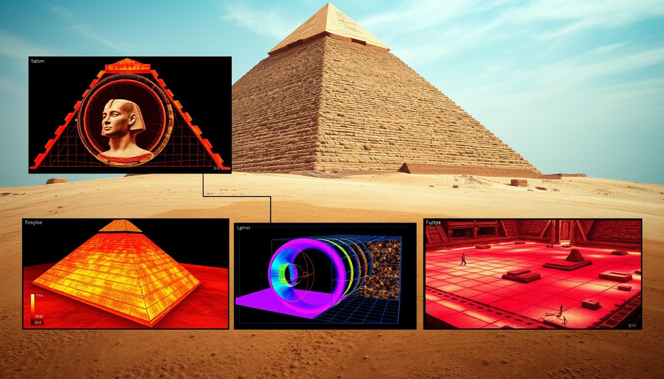 Modern scientific analysis of pyramid construction using technologies like muon radiography and 3D modeling